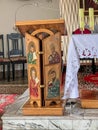 CheÃâm, Poland, July 20, 2023: Church of the Divine Mercy in CheÃâm, Poland.Pulpit with the image of the four evangelists